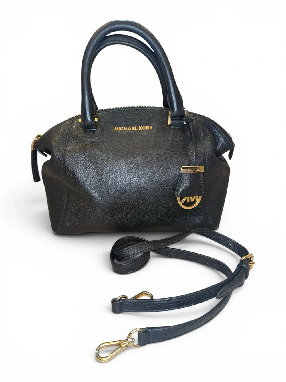 Michael Kors Black Pebble Leather Satchel with Gold Hardware